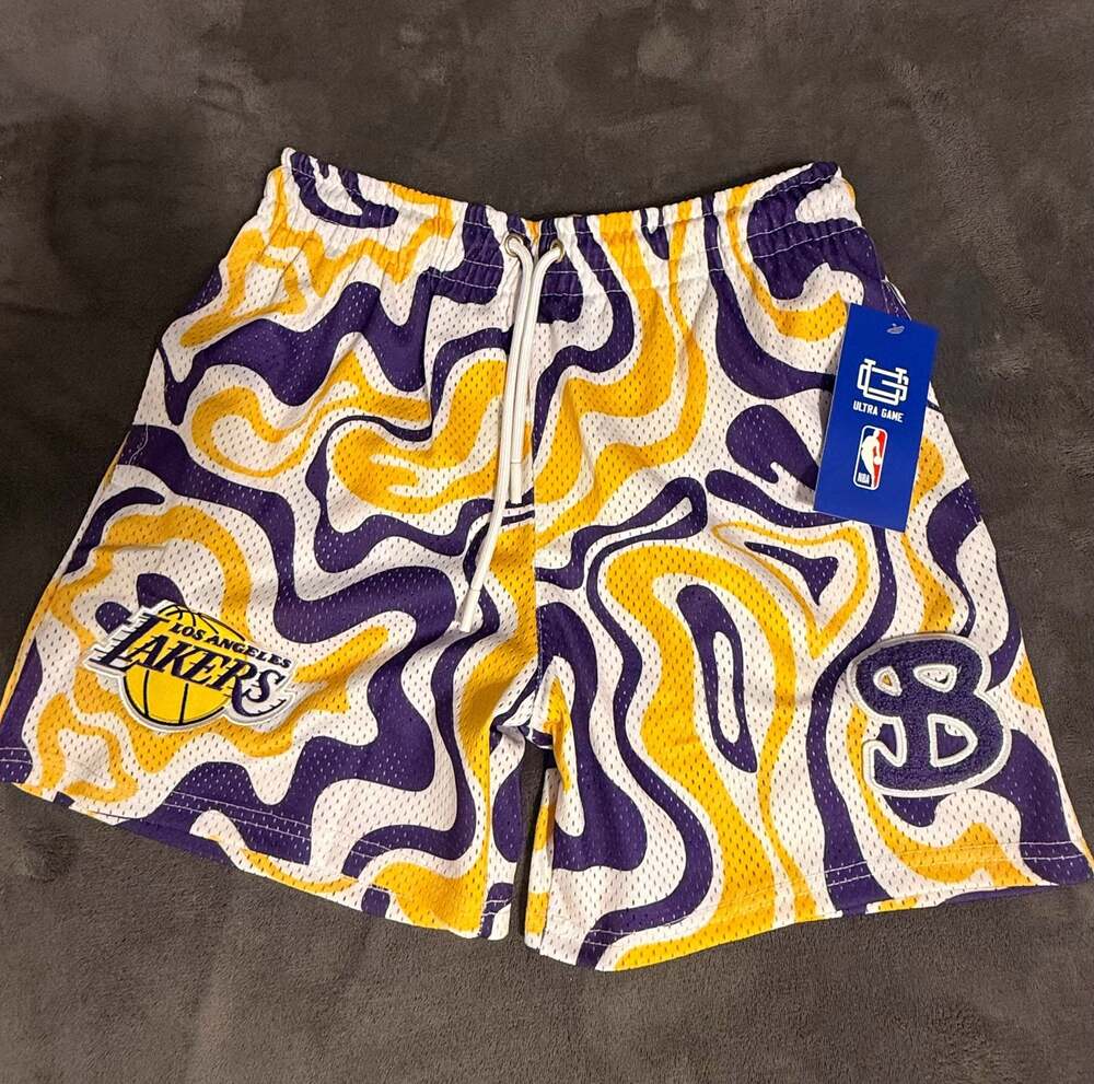 NBA x BKTSQD Los Angeles Lakers Swirl Pattern Mesh Basketball Shorts NWT